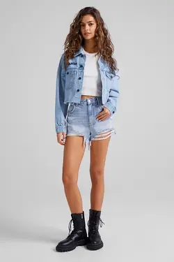 کت جین Rolling Stones پشت طرح دار زنانه رنگ آبی برشکا Bershka (ساخت اسپانیا)