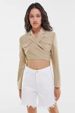 کت راه راه ضربدری زنانه رنگ شتری  برشکا Bershka (ساخت اسپانیا)