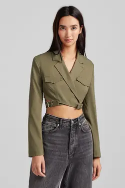 نیم تنه کراپ ضربدری سگک دار زنانه رنگ سبز برشکا Bershka (ساخت اسپانیا)