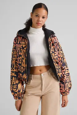 کاپشن کلاهدار و طرح دار زنانه رنگ نارنجی برشکا Bershka (ساخت اسپانیا)