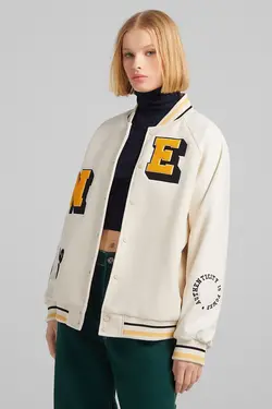 سویشرت کالج برش دار با آستین چرم مصنوعی زنانه رنگ سفید برشکا Bershka (ساخت اسپانیا)