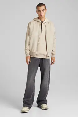 سویشرت بمب افکن جیر مصنوعی مردانه رنگ کرم برشکا Bershka (ساخت اسپانیا)
