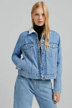 کت جین فیت پشم مصنوعی رنگ آبی روشن برشکا Bershka (ساخت اسپانیا)