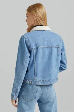 کت جین فیت پشم مصنوعی رنگ آبی روشن برشکا Bershka (ساخت اسپانیا)