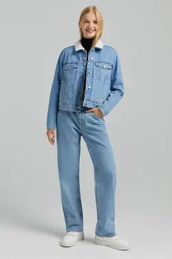 کت جین فیت پشم مصنوعی رنگ آبی روشن برشکا Bershka (ساخت اسپانیا)