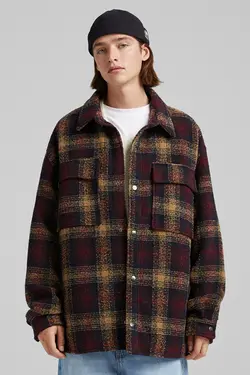 پیراهن پشمی چهارخانه مردانه رنگ قهوه ای برشکا Bershka (ساخت اسپانیا)