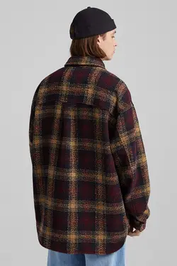 پیراهن پشمی چهارخانه مردانه رنگ قهوه ای برشکا Bershka (ساخت اسپانیا)