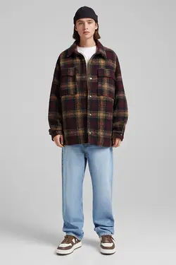 پیراهن پشمی چهارخانه مردانه رنگ قهوه ای برشکا Bershka (ساخت اسپانیا)