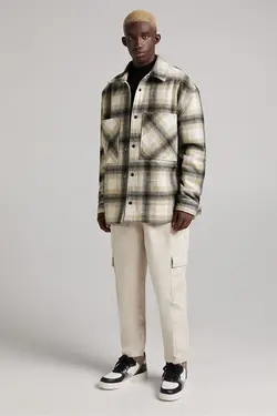 کت اور پشمی چهارخانه مردانه رنگ کرم برشکا Bershka (ساخت اسپانیا)