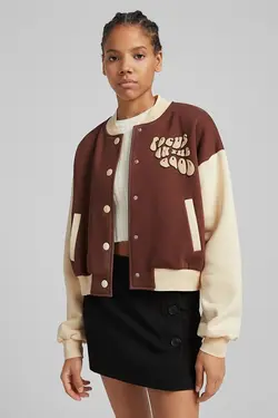 سویشرت بمب افکن طرح چاپی زنانه رنگ قهوه ای برشکا Bershka (ساخت اسپانیا)