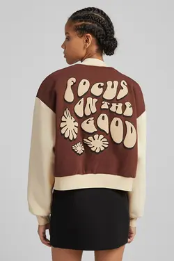 سویشرت بمب افکن طرح چاپی زنانه رنگ قهوه ای برشکا Bershka (ساخت اسپانیا)