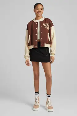 سویشرت بمب افکن طرح چاپی زنانه رنگ قهوه ای برشکا Bershka (ساخت اسپانیا)