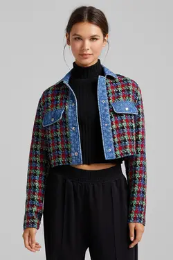 کت جین برش دار Crop Fit Contrast طرح چهارخونه زنانه رنگ قرمز برشکا Bershka (ساخت اسپانیا)