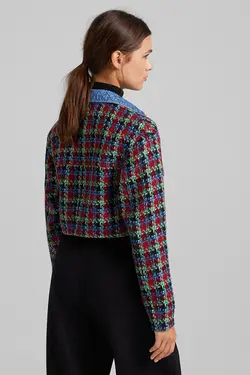 کت جین برش دار Crop Fit Contrast طرح چهارخونه زنانه رنگ قرمز برشکا Bershka (ساخت اسپانیا)