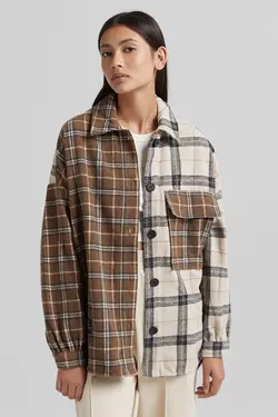 شومیز چهارخانه کنتراست پشم مصنوعی زنانه رنگ قهوه ای برشکا Bershka (ساخت اسپانیا)