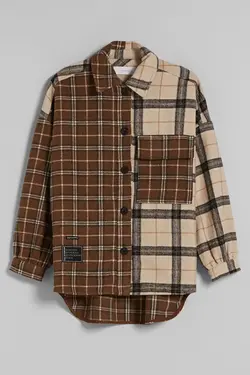 شومیز چهارخانه کنتراست پشم مصنوعی زنانه رنگ قهوه ای برشکا Bershka (ساخت اسپانیا)