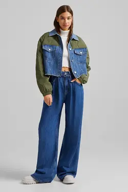 کت جین برش کنتراست زنانه رنگ آبی برشکا Bershka (ساخت اسپانیا)