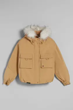 کاپشن پارکا کلاهدار با قطعات جداشدنی زنانه رنگ شنی ماسه ای برشکا Bershka (ساخت اسپانیا)