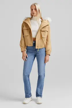 کاپشن پارکا کلاهدار با قطعات جداشدنی زنانه رنگ شنی ماسه ای برشکا Bershka (ساخت اسپانیا)