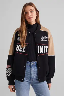 سویشرت نخی با طرح مسابقه ای زنانه رنگ مشکی برشکا Bershka (ساخت اسپانیا)