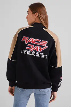 سویشرت نخی با طرح مسابقه ای زنانه رنگ مشکی برشکا Bershka (ساخت اسپانیا)