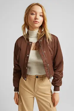 کت بمب افکن ساتن مدل Crop Fit زنانه رنگ قهوه ای برشکا Bershka (ساخت اسپانیا)