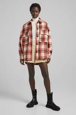 کت چهارخانه پشمی زنانه رنگ قرمز برشکا Bershka (ساخت اسپانیا)