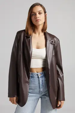 کت چرم مصنوعی زنانه رنگ قهوه ای برشکا Bershka (ساخت اسپانیا)