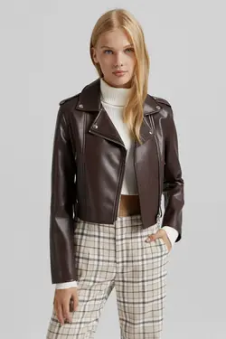 ژاکت بایکر زنانه چرم مصنوعی رنگ قهوه ای برشکا Bershka (ساخت اسپانیا)