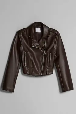 ژاکت بایکر زنانه چرم مصنوعی رنگ قهوه ای برشکا Bershka (ساخت اسپانیا)