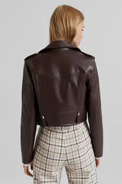 ژاکت بایکر زنانه چرم مصنوعی رنگ قهوه ای برشکا Bershka (ساخت اسپانیا)