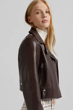 ژاکت بایکر زنانه چرم مصنوعی رنگ قهوه ای برشکا Bershka (ساخت اسپانیا)