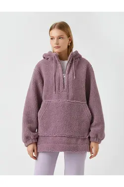 هودی مخملی جیب دار کانگورویی زنانه کوتون Koton رنگ بنفش از برند  (ساخت ترکیه)