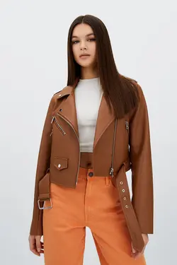 کت زنانه چرم مصنوعی با کمربند استرادیواریوس Stradivarius (ساخت اسپانیا)