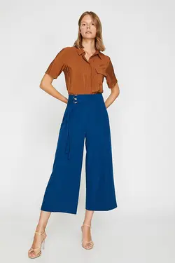 شلوار واید لگ کمربند دار کوتاه زنانه آبی کوتون Koton (ساخت ترکیه)