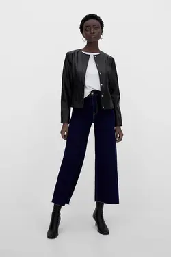 ژاکت چرم مصنوعی زنانه یقه گرد مشکی استرادیواریوس Stradivarius (ساخت اسپانیا)