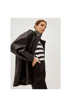 کاپشن چرم مصنوعی مشکی کلاهدار زنانه ماوی Mavi (ساخت ترکیه)