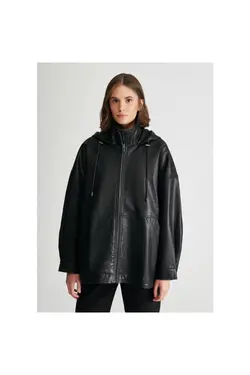 کاپشن چرم مصنوعی مشکی کلاهدار زنانه ماوی Mavi (ساخت ترکیه)