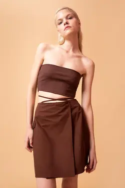 دامن بند دار گاباردین کوتاه جیب دار زنانه قهوه ای دفاکتو DeFacto (ساخت ترکیه)