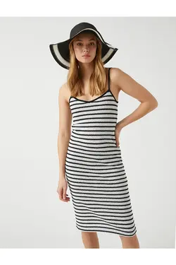 ماکسی بلند قلاب بافی راه راه دو بندی زنانه مشکی کوتون Koton (ساخت ترکیه)