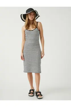 ماکسی بلند قلاب بافی راه راه دو بندی زنانه مشکی کوتون Koton (ساخت ترکیه)