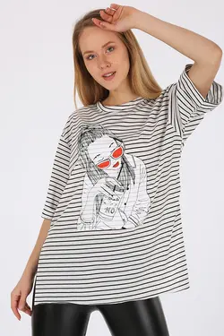 تی شرت اور سایز راه راه چاک دار زنانه  بیگ دارت BigDart (ساخت ترکیه)