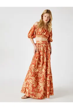 دامن بلند نخی چیندار با طرح گل زنانه نارنجی کوتون Koton (ساخت ترکیه)