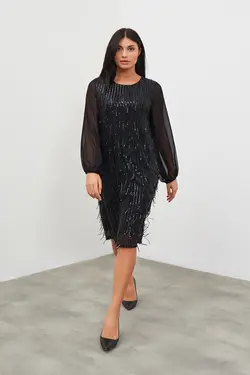 پیراهن کوتاه پولک دار ابریشمی آستین بلند زنانه گاستو Gusto (ساخت ترکیه)