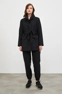 کت مشکی بلند آستردار یقه ایستاده آستین بلند زنانه گاستو Gusto (ساخت ترکیه)