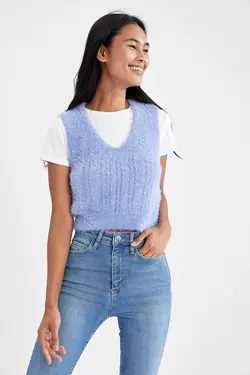 ژاکت بافتنی آستین حلقه یقه V زنانه  دفاکتو DeFacto (ساخت ترکیه)