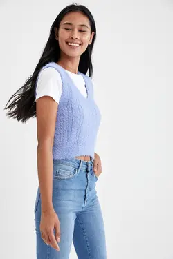 ژاکت بافتنی آستین حلقه یقه V زنانه  دفاکتو DeFacto (ساخت ترکیه)