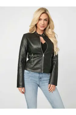 کت چرم مشکی جیب دار آستین بلند زیپ دار زنانه گس Guess (ساخت آمریکا)