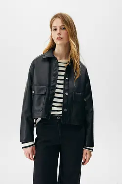 کت چرم زنانه مشکی پول اند بیر Pull & Bear (ساخت اسپانیا)