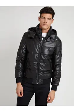 کت مشکی چرم جلو زیپ دار کلاهدار مردانه گس Guess (ساخت آمریکا)